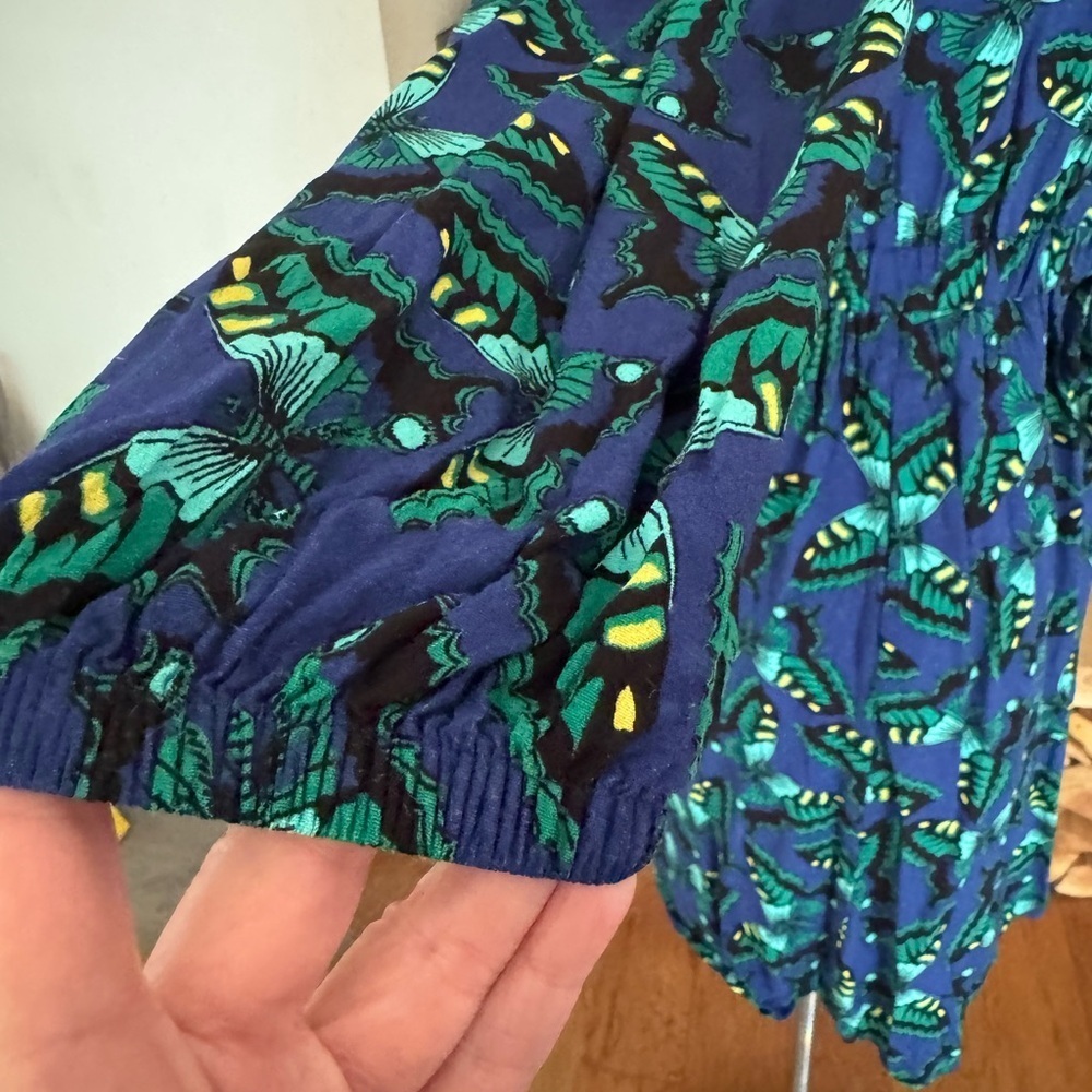 Maeve Anthropologie Vibrant Blue and Green Long Sleeve Butterfly Shirt Dress - Picture 5 of 7